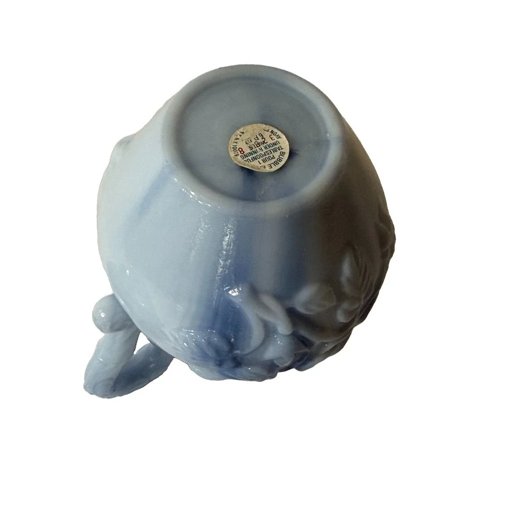 Avon Victoriana Blue Slag Glass Pitcher and Soap Dish 1978 Embossed Rose Design